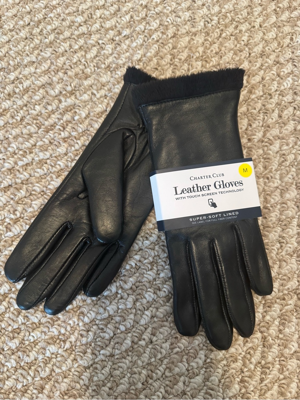 Charter Club Black Leather Gloves with Fur Trim and Touchscreen Tips